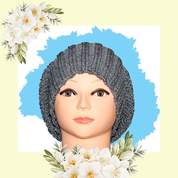 Hand Knit Heather Gray Slouch Beanie, Ribbed Acrylic Winter Hat - Picture 4 of 8